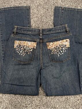 DKNY Dark Wash Boot Cut Jeans with Gold Sequin Back Pockets
